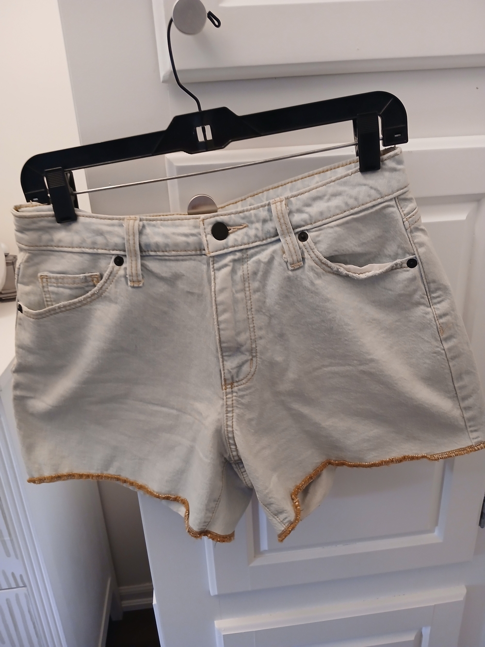 Universal Thread Blue Denim Shorts with Gold Frayed Trim